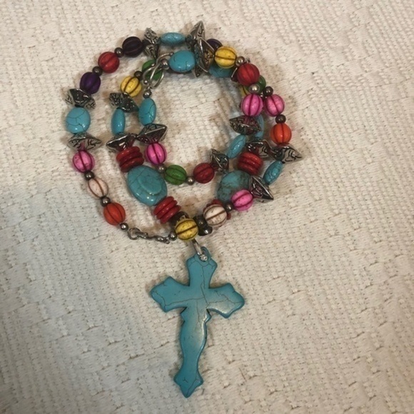 Artisan Art Deco Boho Beaded Turquoise Cross Necklace & Bracelet - Picture 10 of 12